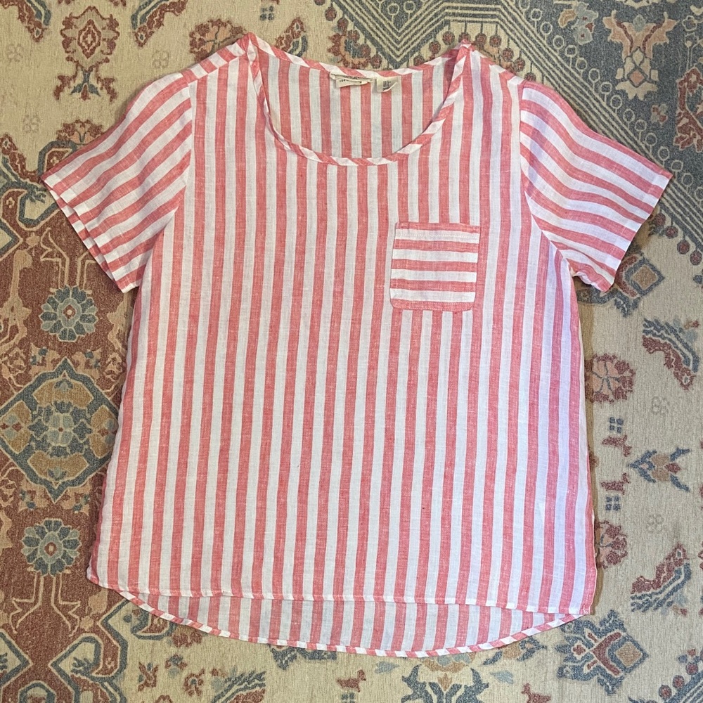 Christian Siriano Pink & White Striped Short Sleeve Linen Top